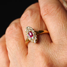 Load image into Gallery viewer, Antique Victorian Ruby & Diamond Ring 18ct Gold Cluster Navette Design - 1886