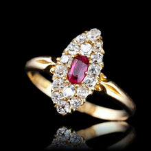 Load image into Gallery viewer, Antique Victorian Ruby & Diamond Ring 18ct Gold Cluster Navette Design - 1886
