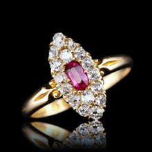 Load image into Gallery viewer, Antique Victorian Ruby & Diamond Ring 18ct Gold Cluster Navette Design - 1886