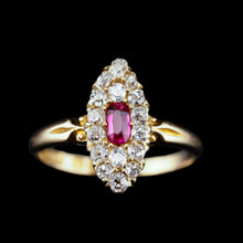 Load image into Gallery viewer, Antique Victorian Ruby & Diamond Ring 18ct Gold Cluster Navette Design - 1886