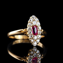 Load image into Gallery viewer, Antique Victorian Ruby & Diamond Ring 18ct Gold Cluster Navette Design - 1886