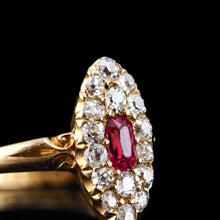 Load image into Gallery viewer, Antique Victorian Ruby & Diamond Ring 18ct Gold Cluster Navette Design - 1886
