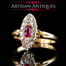 Load image into Gallery viewer, Antique Victorian Ruby & Diamond Ring 18ct Gold Cluster Navette Design - 1886