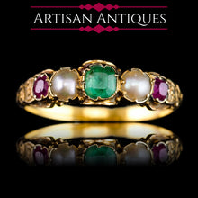 Load image into Gallery viewer, Antique Victorian 15ct Gold Emerald, Garnet & Pearl Ring Suffragette - c.1880