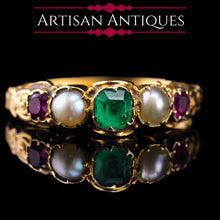 Load image into Gallery viewer, Antique Victorian 15ct Gold Emerald, Garnet & Pearl Ring Suffragette - c.1880