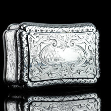 Load image into Gallery viewer, Antique Solid Silver Table Snuff Box, Cartouche Shape and Engraved - Edward Smith 1854
