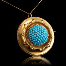 Load image into Gallery viewer, Antique Victorian Turquoise Pendant Necklace/Brooch 18ct Gold Etruscan Revival Design - c.1880