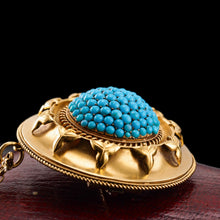 Load image into Gallery viewer, Antique Victorian Turquoise Pendant Necklace/Brooch 18ct Gold Etruscan Revival Design - c.1880