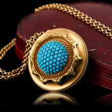 Load image into Gallery viewer, Antique Victorian Turquoise Pendant Necklace/Brooch 18ct Gold Etruscan Revival Design - c.1880