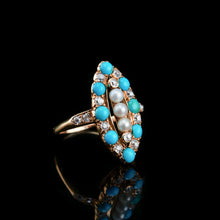 Load image into Gallery viewer, Antique Victorian Diamond, Pearl & Turquoise 18ct Gold Ring Navette/Marquise Cluster Design - c.1880