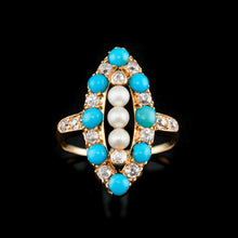 Load image into Gallery viewer, Antique Victorian Diamond, Pearl & Turquoise 18ct Gold Ring Navette/Marquise Cluster Design - c.1880