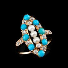 Load image into Gallery viewer, Antique Victorian Diamond, Pearl & Turquoise 18ct Gold Ring Navette/Marquise Cluster Design - c.1880