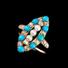 Load image into Gallery viewer, Antique Victorian Diamond, Pearl & Turquoise 18ct Gold Ring Navette/Marquise Cluster Design - c.1880