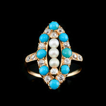 Load image into Gallery viewer, Antique Victorian Diamond, Pearl & Turquoise 18ct Gold Ring Navette/Marquise Cluster Design - c.1880