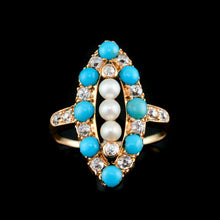 Load image into Gallery viewer, Antique Victorian Diamond, Pearl & Turquoise 18ct Gold Ring Navette/Marquise Cluster Design - c.1880