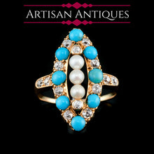 Load image into Gallery viewer, Antique Victorian Diamond, Pearl & Turquoise 18ct Gold Ring Navette/Marquise Cluster Design - c.1880