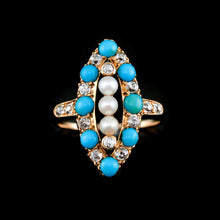 Load image into Gallery viewer, Antique Victorian Diamond, Pearl & Turquoise 18ct Gold Ring Navette/Marquise Cluster Design - c.1880