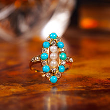 Load image into Gallery viewer, Antique Victorian Diamond, Pearl & Turquoise 18ct Gold Ring Navette/Marquise Cluster Design - c.1880