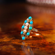 Load image into Gallery viewer, Antique Victorian Diamond, Pearl & Turquoise 18ct Gold Ring Navette/Marquise Cluster Design - c.1880
