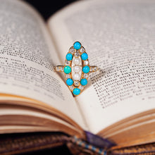 Load image into Gallery viewer, Antique Victorian Diamond, Pearl & Turquoise 18ct Gold Ring Navette/Marquise Cluster Design - c.1880