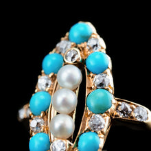 Load image into Gallery viewer, Antique Victorian Diamond, Pearl & Turquoise 18ct Gold Ring Navette/Marquise Cluster Design - c.1880
