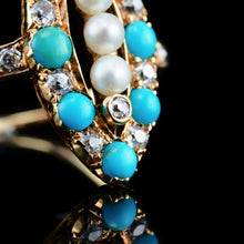 Load image into Gallery viewer, Antique Victorian Diamond, Pearl & Turquoise 18ct Gold Ring Navette/Marquise Cluster Design - c.1880
