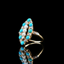 Load image into Gallery viewer, Antique Victorian Diamond, Pearl & Turquoise 18ct Gold Ring Navette/Marquise Cluster Design - c.1880