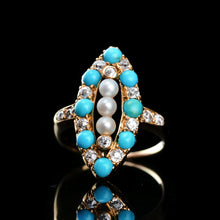 Load image into Gallery viewer, Antique Victorian Diamond, Pearl & Turquoise 18ct Gold Ring Navette/Marquise Cluster Design - c.1880