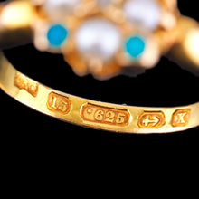 Load image into Gallery viewer, Antique Turquoise, Diamond & Pearl Ring 15ct Gold Victorian Flower Cluster Design - 1897