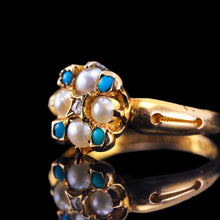 Load image into Gallery viewer, Antique Turquoise, Diamond & Pearl Ring 15ct Gold Victorian Flower Cluster Design - 1897