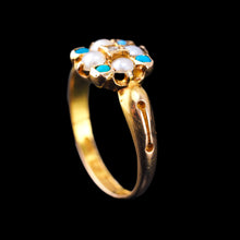 Load image into Gallery viewer, Antique Turquoise, Diamond & Pearl Ring 15ct Gold Victorian Flower Cluster Design - 1897