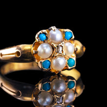 Load image into Gallery viewer, Antique Turquoise, Diamond & Pearl Ring 15ct Gold Victorian Flower Cluster Design - 1897