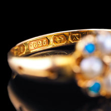 Load image into Gallery viewer, Antique Turquoise, Diamond & Pearl Ring 15ct Gold Victorian Flower Cluster Design - 1897