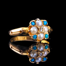 Load image into Gallery viewer, Antique Turquoise, Diamond & Pearl Ring 15ct Gold Victorian Flower Cluster Design - 1897