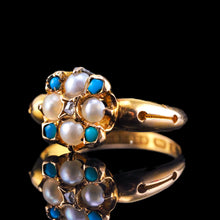 Load image into Gallery viewer, Antique Turquoise, Diamond & Pearl Ring 15ct Gold Victorian Flower Cluster Design - 1897