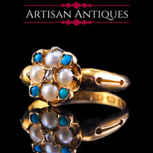 Load image into Gallery viewer, Antique Turquoise, Diamond & Pearl Ring 15ct Gold Victorian Flower Cluster Design - 1897