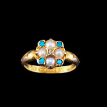 Load image into Gallery viewer, Antique Turquoise, Diamond & Pearl Ring 15ct Gold Victorian Flower Cluster Design - 1897
