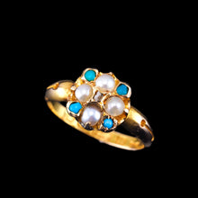Load image into Gallery viewer, Antique Turquoise, Diamond & Pearl Ring 15ct Gold Victorian Flower Cluster Design - 1897