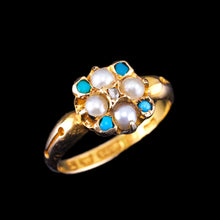 Load image into Gallery viewer, Antique Turquoise, Diamond & Pearl Ring 15ct Gold Victorian Flower Cluster Design - 1897