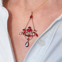 Load image into Gallery viewer, Antique Garnet Pendant Necklace 9K Gold Art Nouveau Design - c.1900