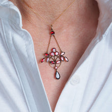Load image into Gallery viewer, Antique Garnet Pendant Necklace 9K Gold Art Nouveau Design - c.1900