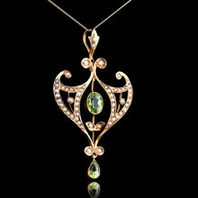 Load image into Gallery viewer, Antique Edwardian Peridot and Pearl Pendant Necklace 9K Gold Art Nouveau c.1900