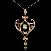 Load image into Gallery viewer, Antique Edwardian Peridot and Pearl Pendant Necklace 9K Gold Art Nouveau c.1900