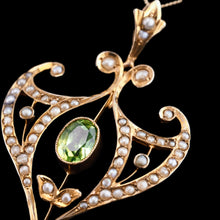 Load image into Gallery viewer, Antique Edwardian Peridot and Pearl Pendant Necklace 9K Gold Art Nouveau c.1900