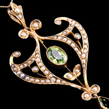 Load image into Gallery viewer, Antique Edwardian Peridot and Pearl Pendant Necklace 9K Gold Art Nouveau c.1900