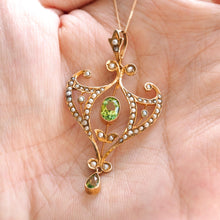 Load image into Gallery viewer, Antique Edwardian Peridot and Pearl Pendant Necklace 9K Gold Art Nouveau c.1900