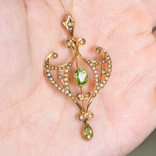 Load image into Gallery viewer, Antique Edwardian Peridot and Pearl Pendant Necklace 9K Gold Art Nouveau c.1900