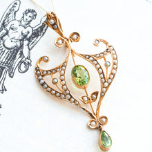 Load image into Gallery viewer, Antique Edwardian Peridot and Pearl Pendant Necklace 9K Gold Art Nouveau c.1900
