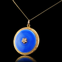 Load image into Gallery viewer, Antique 9ct Gold Blue Enamel Pendant Necklace Locket with Seed Pearls c.1900