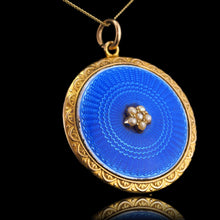Load image into Gallery viewer, Antique 9ct Gold Blue Enamel Pendant Necklace Locket with Seed Pearls c.1900